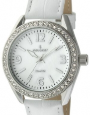 Peugeot Women's Large Silver Case Swarovski Crystal White Thick Leather Band Dress Watch 3006WT