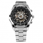 Fanmis Russian Skeleton Black Dial Silver Stainless Steel Luxury Men's Automatic Mechancial Wrist Watch