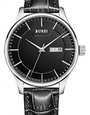 BUREI® Men's BM-13001-P01EY Day and Date Black Calfskin Leather Watch with Black Dial