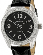 Peugeot Women's 3006BK Silver-Tone Swarovski Crystal Accented Black Leather Strap Watch