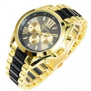 New Mens Gold Black Luxury Men Classic Stainless Steel Gold Dial Quartz Analog Bangle Wrist Watch