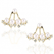 Imitation Pearl and Sparkling AAA CZ Diamond Front & Back Bundle Cuffs Mismatch Style Earring Jackets (02. Gold Plated, Four Claws)