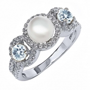 1.24 Ct Round Cultured Freshwater Pearl Sky Blue Aquamarine Sterling Silver Ring