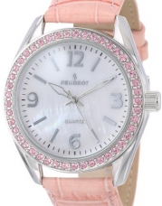 Peugeot Women's  Silver-Tone Swarovski Crystal Accented Mother of Pearl Pink Leather Strap Watch 3006PK