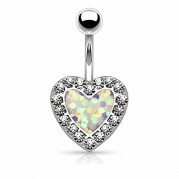 Body Accentz® Belly Button Ring Navel Imitation Opal Glitter Centered Crystal Paved Heart 14g