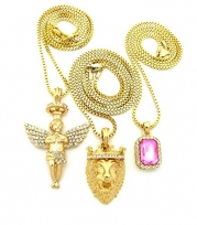 Micro Colorful Gemstone, Angle, Lion Pendant 24,30 Box Chain 3 Necklace Set Gold Tone RC1413G (Pink)