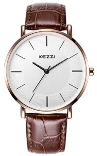 Kezzi Men's K738 Ultra Thin Classic Quartz Dress Watch Brown Leather Band