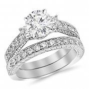 1.88 Carat t.w. ROUND Shape/Center Three Stone Vintage With Milgrain & Filigree Bridal Set with Wedding Band & CZ Engagement Ring