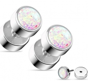 Opal Glitter Fake Cheater Plugs Stud Earrings - 16g, 316L Surgical Steel - Sold as Pair (White Imitation Opal)