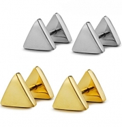 FIBO STEEL Mens Womens Stud Earrings Stainless Steel Earring Piercing 7mm Triangle, Black Gold-tone 2 Pairs