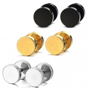 Areke Mens Stainless Steel Screw Stud Earrings Unisex Womens Ear Plugs Tunnel Jewelry 3 Pairs Color Black Gold Silver