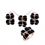 joyliveCY Women Charm Jewelry Set Earrings Necklace Ring Rose Flower Gold Black Rose Kit