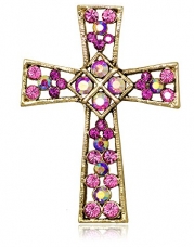 Akianna Swarovski Element Crystals Celtic Cross Pin Brooch Gold-tone Pink