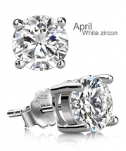 Uhibros Sterling Silver Birthstone Stud Earrings Round Cubic Zirconia Diamond April