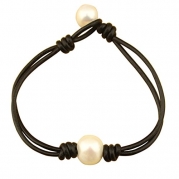White Single Pearl Leather Bracelet Handmade Pearls Jewelry for Women 7.5 - Black