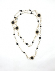 Alice & Abby Chanel Style Imitation Pearls Balls and Flower Statement Long Chain Necklace-Black