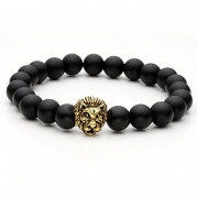 Top Plaza Jewelry Lava Rock Turquoise Matte Agate Picture Jasper Mens Womens Bracelet, Energy Beads, Gold Plated Lion Head (Matte Black Agate)