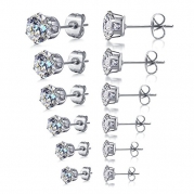 Areke Women's Stainless Steel Round Clear Cubic Zirconia Diamond Rhinestone Stud Earring (6 Pairs) Color Silver