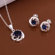 Wedding Fashion 925 Silver Plated Jewelry Set Necklace Stud Earings Eardrop Twist Edge Blue Zircon