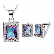 Layla Jewellery 18k White Gold Plated Alloy Colorful Gemstone Jewelry Set include Pendant Necklace and Stud Earrings for Ladies (Baguette)