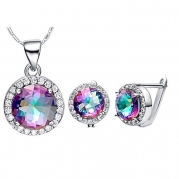 Layla Jewellery 18k White Gold Plated Alloy Colorful Gemstone Jewelry Set include Pendant Necklace and Stud Earrings for Ladies (Round)