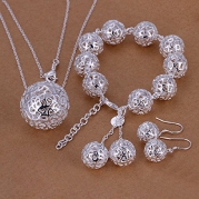Hot Sale Wedding Fashion 925 Silver Plated Jewelry Set Hand Chain Bracelet Necklace Earings Eardrop Ball Pendant