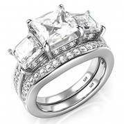 Sz 7 Sterling Silver 3 Carat Princess Cut Cubic Zirconia CZ Wedding Engagement Ring Set