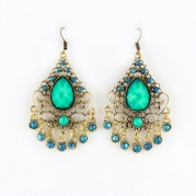 FEELONTOP® Costume Jewelry Ethnic Style Antique Gold Color Alloy Green Imitation Gemstone Big Long Dangle Earrings and with Free Jewelry Pouch
