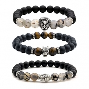 Top Plaza Jewelry - Mens Womens Cool Black Matte Agate Gems 8MM Beads Stretch Bracelet with Dragon Vein Agate Tiger Eye Beads (Pack of 3)