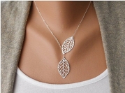 LuckySupply Simple Metal Double Leaf Pendant Alloy Choker Necklace Silver