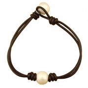 White Single Pearl Leather Bracelet Handmade Pearls Jewelry for Women 7.5 - Brown