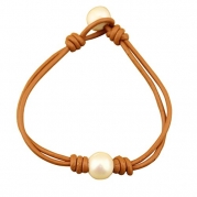 White Single Pearl Leather Bracelet Handmade Pearls Jewelry for Women 7.5 - Orange