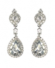 Women's Evening Rhinestone Studded Teardrop Stone Fashion Clip On Dangling Earrings - Clear, Silver-Tone