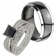 His and Hers 3 pcs 2.0CT Sterling Silver Black Cubic Zirconia Dome Titanium Wedding Ring Set Sz10,12