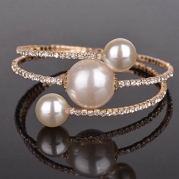 Bling Crystal Bangle Wrap Bracelet Faux Pearl Cuff Open Gold Plated White S674K02