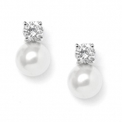 Mariell 10mm White Glass Pearl Bridal Stud Earrings with Genuine Silver Platinum Plated CZ Solitaires