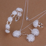 Hot Sale Wedding Fashion 925 Silver Plated Jewelry Set Open Hand Chain Bracelet Necklace Hook Earings Eardrop Ring Fireworks