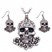 BODYA Vintage Fashion Silver Cz Rhinestone Flower Devil Skull Pendant Necklace Hook Erring Jewelry Set