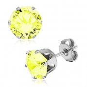 Stainless Steel 6-Prong Round Yellow Cubic Zirconia Studs, 3mm