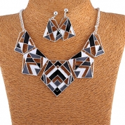 QIYUN.Z Geometric Oil Drop Silver Chain Tribal Lucky Totem Bib Necklace Earrings Set