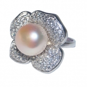 Genuine 12mm Freshwater Pearl Flower Sterling Silver Ring Micro Prong Zircon Jewelry Pink