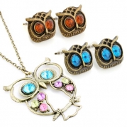 Vintage, Retro Colorful Crystal Owl Pendant and Long Chain Necklace with Antiqued Bronze/Brass Finish (3 Pcs: Owl + 2 Pairs Stud Earrings)