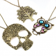 Vintage, Retro Colorful Crystal Owl Pendant and Long Chain Necklace with Antiqued Bronze/Brass Finish (3 Pcs: Design No.1 + Skull + Tree)