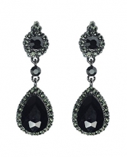 Women's Evening Rhinestone Studded Teardrop Stone Fashion Clip On Dangling Earrings - Black