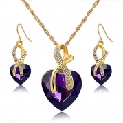 YiaMia Gold Plated Clear Crystal Heart Necklace and Earrings Set (Purple Heart Shape)