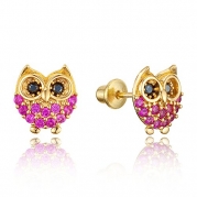 14k Gold Plated Brass Baby Red Owl Screwback Girls Earrings with Sterling Silver Post