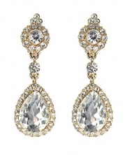 Women's Evening Rhinestone Studded Teardrop Stone Fashion Clip On Dangling Earrings - Clear, Gold-Tone