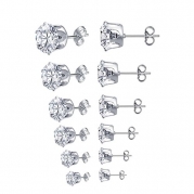 Zhenhui Women's Stainless Steel Round Clear Cubic Zirconia Stud Earrings Set 6 Pair Per Set (White)