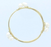 Womens Gold Wire Bangle with Imitation Pearl Beads, Size Small, 2.38 Diameter