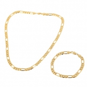 24k Yellow Gold Filled Mens Nickel Free Set of Figaro Chain Necklace Bracelet Set